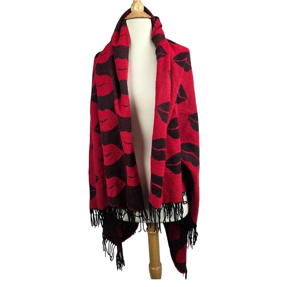 Victoria Secret Kiss Me Lips Blanket Scarf OS Black Red Reversible NWT Cozy Warm